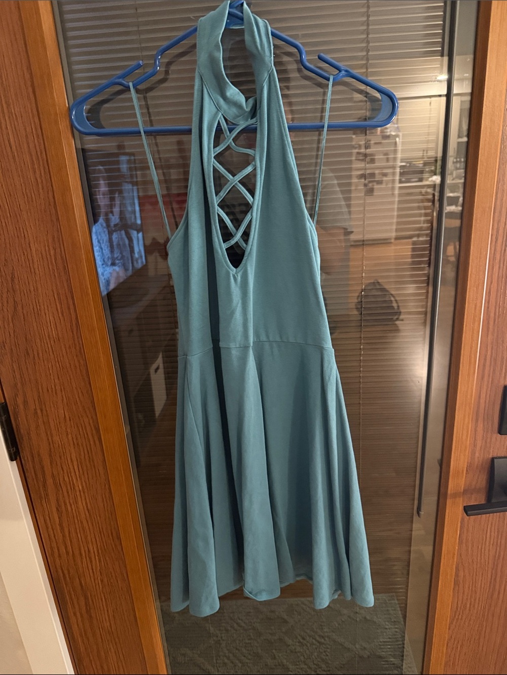Express Teal Halter Mini Dress with Lattice Front and Open Back